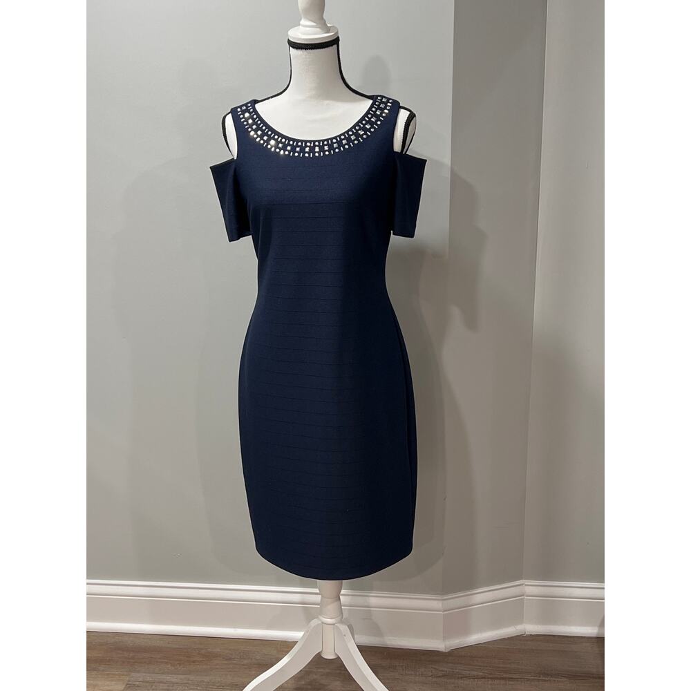 Jessica Howard Midnight Blue Cold Shoulder Dress Size 8 Slimming Fit